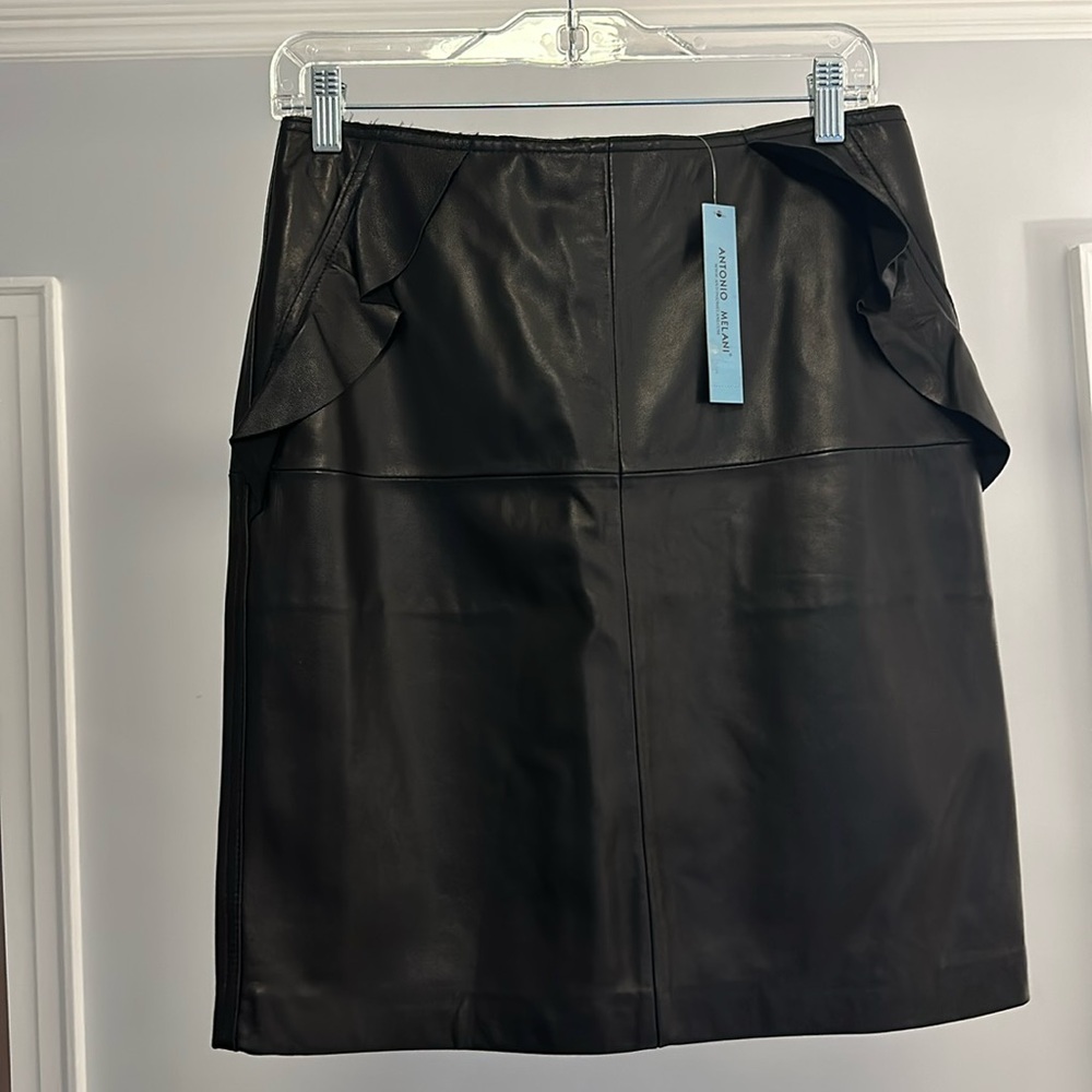 NWT Antonio Melani Black Leather Ruffle Mini Skirt